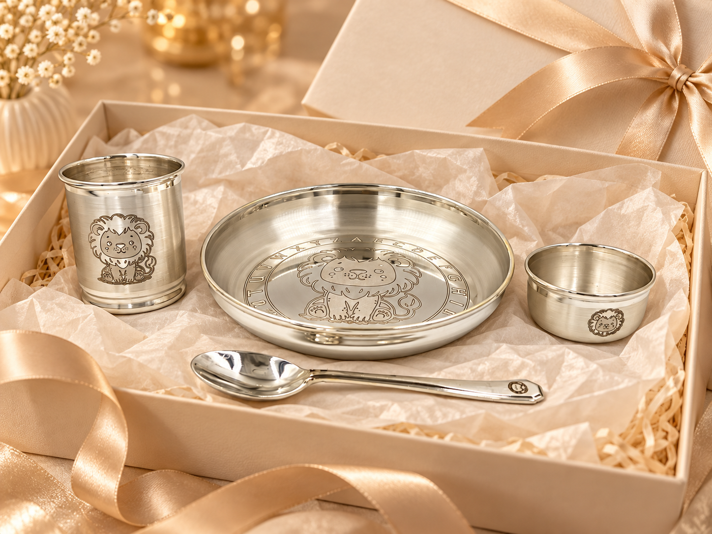 Silver Lion Dinner Set for Kids in Premium Gift Box – Luxury Lion Engraved Dinnerware Gift Set