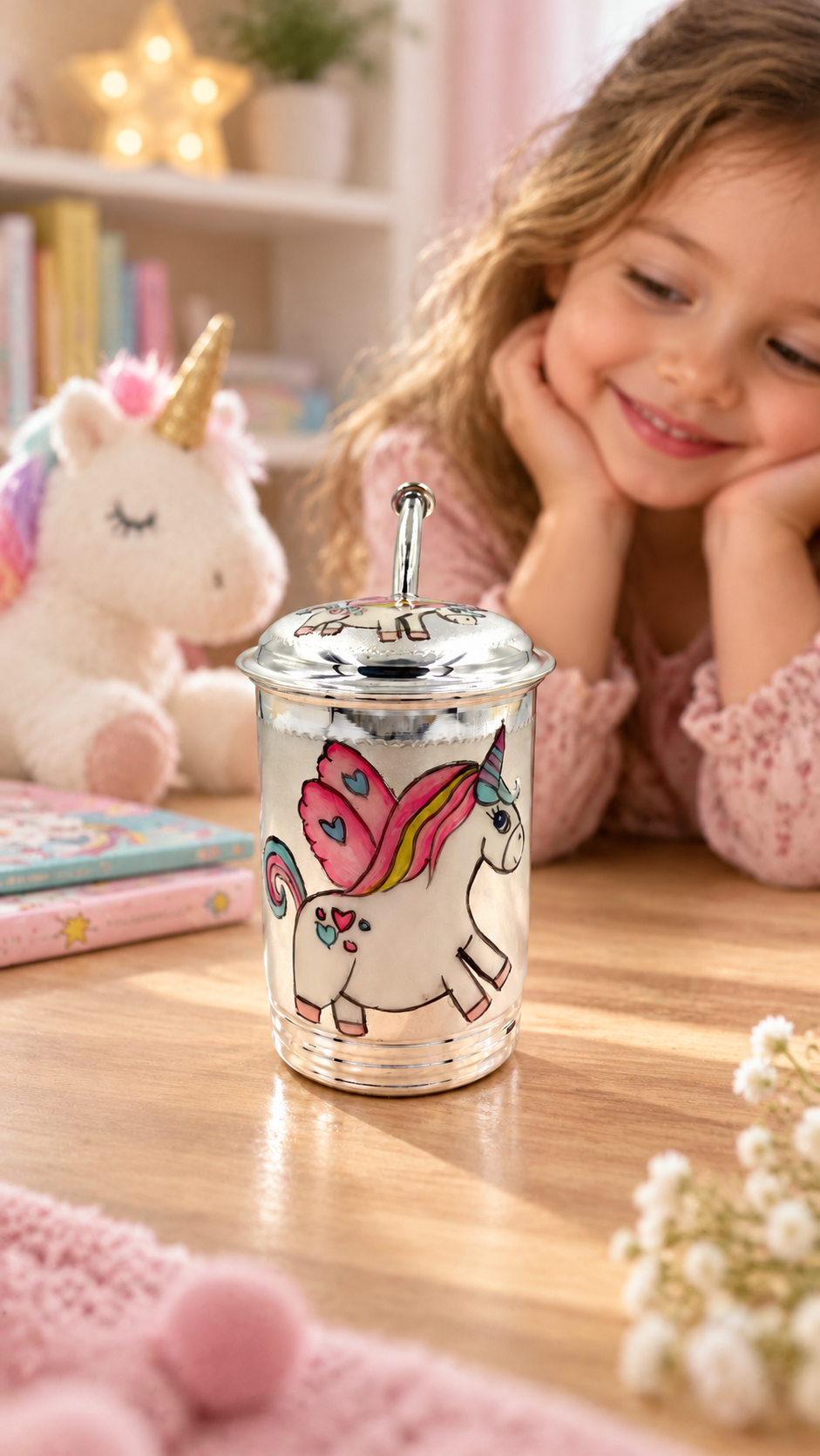 Unicorn Silver Straw Sipper for Kids – Dreamy Unicorn Cup in a Cosy Nursery