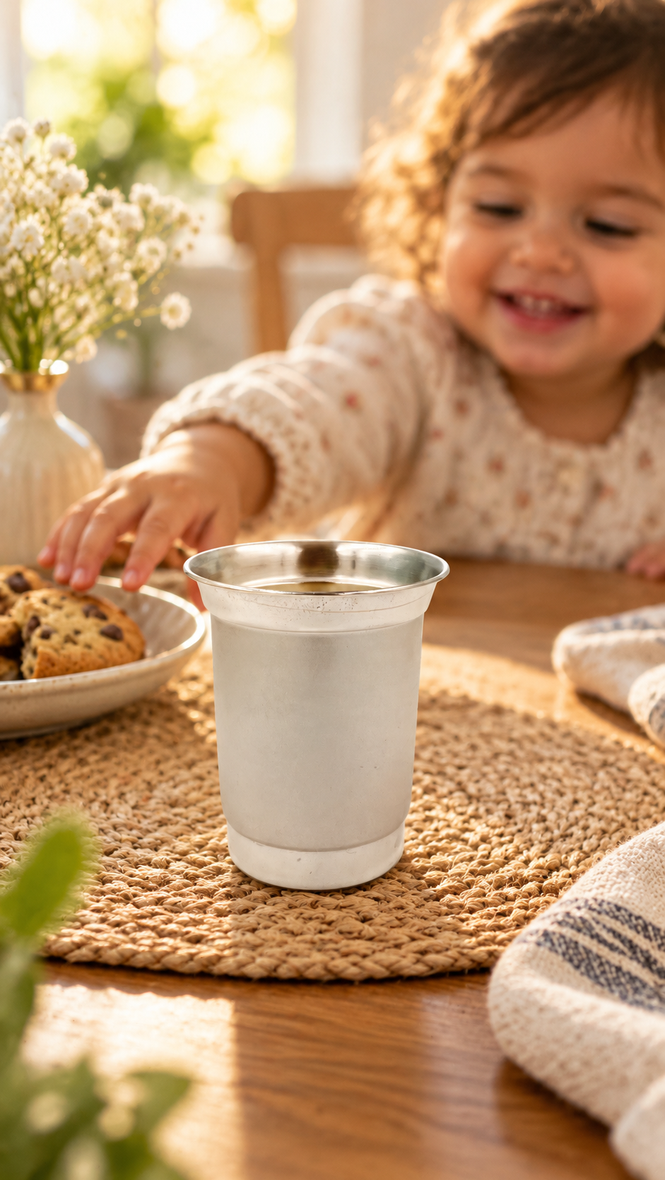 Minnie Silver Glass for Kids – Warm Breakfast Moment with Toddler and Cup