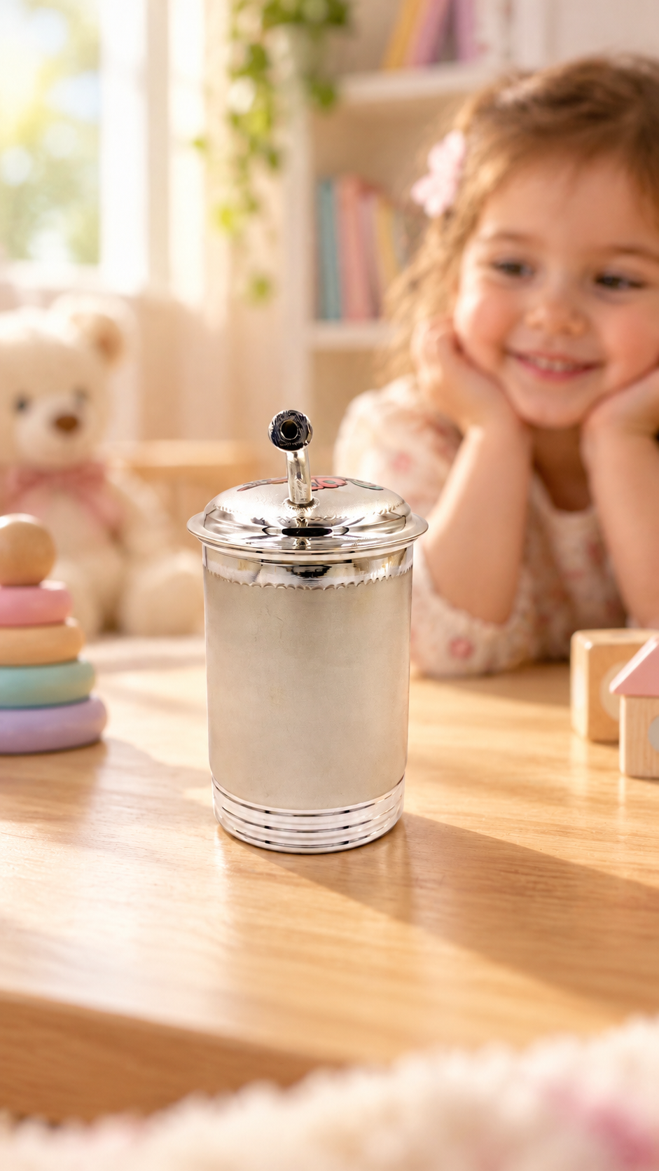 Unicorn Silver Straw Sipper for Kids – Silver Cup in a Cosy Nursery