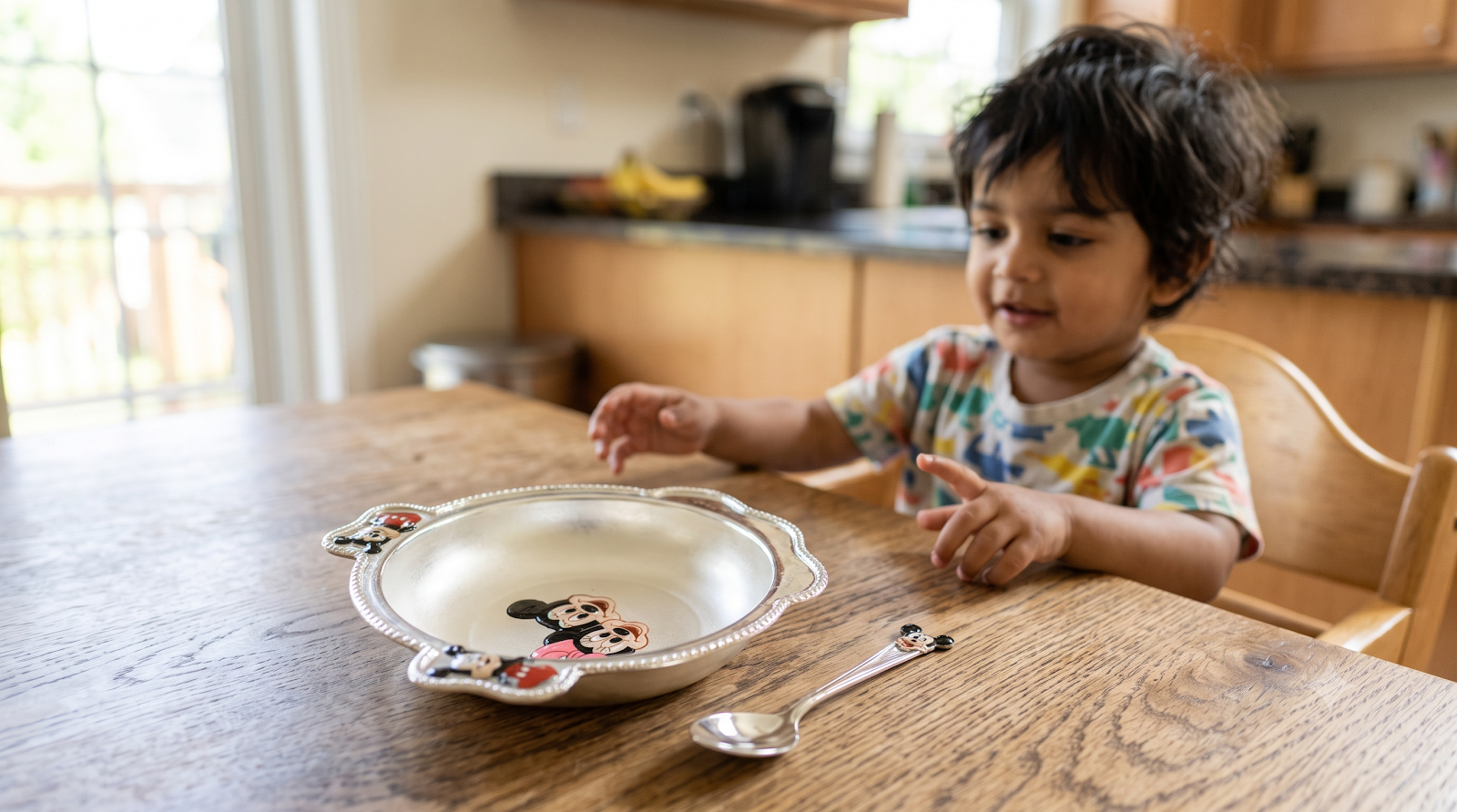 Mickey & Minnie Silver Bowl and Spoon Set for Kids, kid photo 2