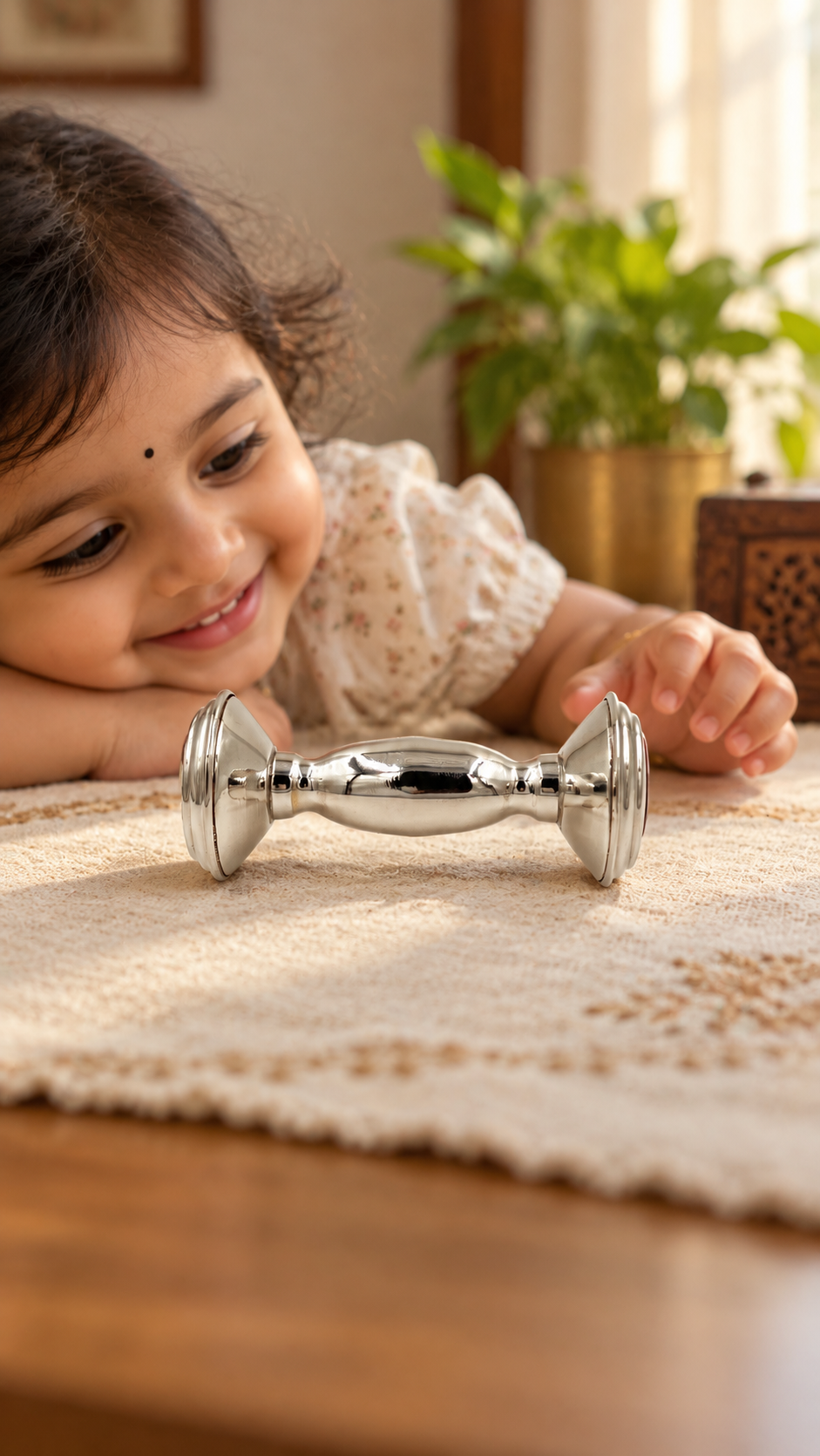 Silver Teether Toy for Babies – Curious Toddler and Shimmering Silver Barbell