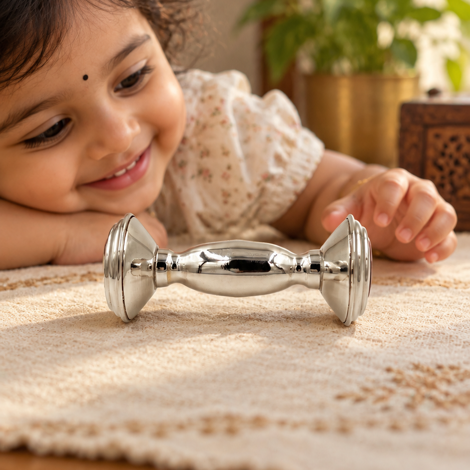 Silver Teether Toy for Babies – Curious Toddler and Shimmering Silver Barbell