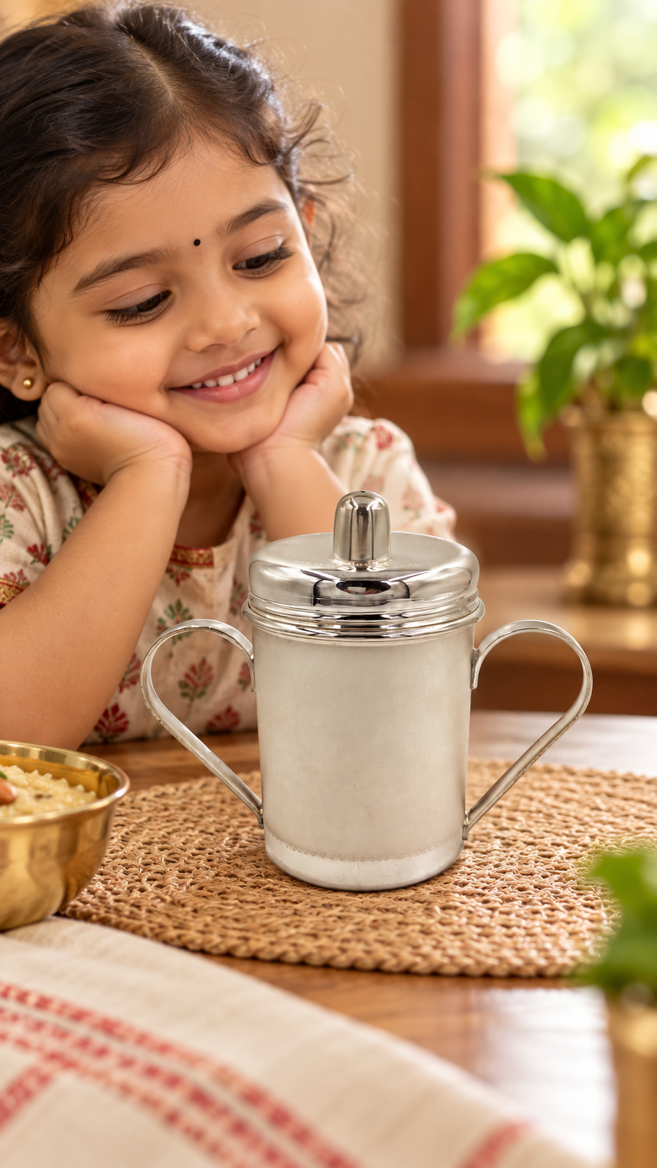 Tom & Jerry Silver Sipper Cup with Handle for Kids – Smiling Girl and Silver Sipper Cup