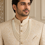 Men's Ivory Pearl-Finish Layered Mala Necklace with Golden Dori