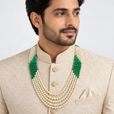 Men's Green Bead & Pearl-Finish Layered Groom Mala
