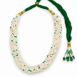 Men's Braided Pearl-Finish Mala with Green Accent Beads