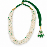 Men's Braided Pearl-Finish Mala with Green Accent Beads