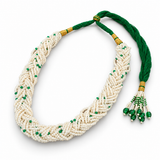 Men's Braided Pearl-Finish Mala with Green Accent Beads