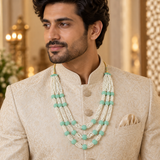 Men's Aqua Textured Bead & Pearl-Finish Multi-Layer Mala