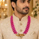Men's Magenta Bead Statement Mala with Pearl & Mustard Accents