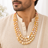 Men's Golden Beige Oval Bead Mala with Red Spacers